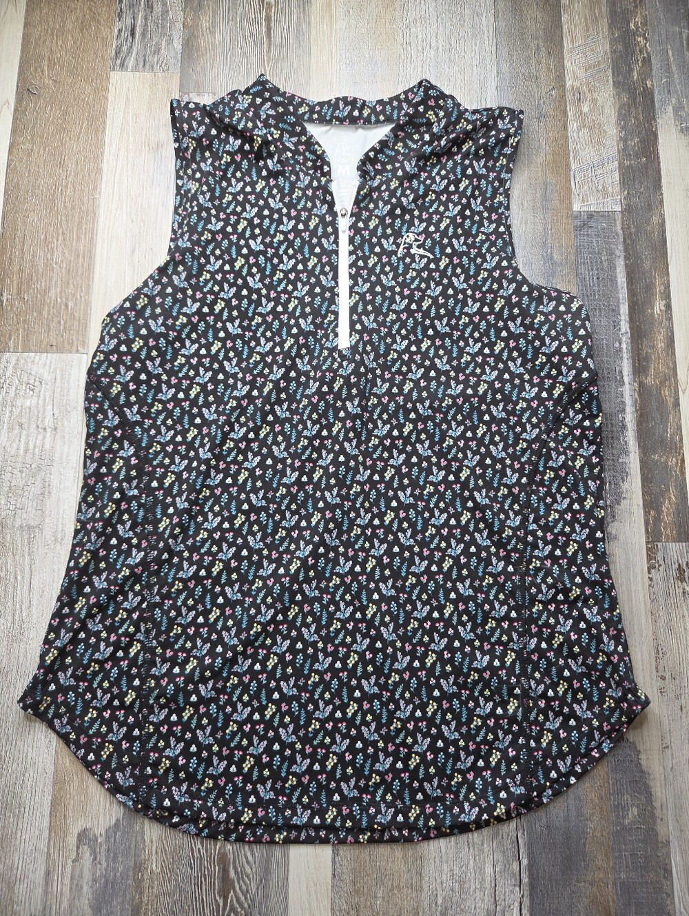 Rhoback Sleeveless Quarter Zip Shirt Women's Medium Black Floral Azalea